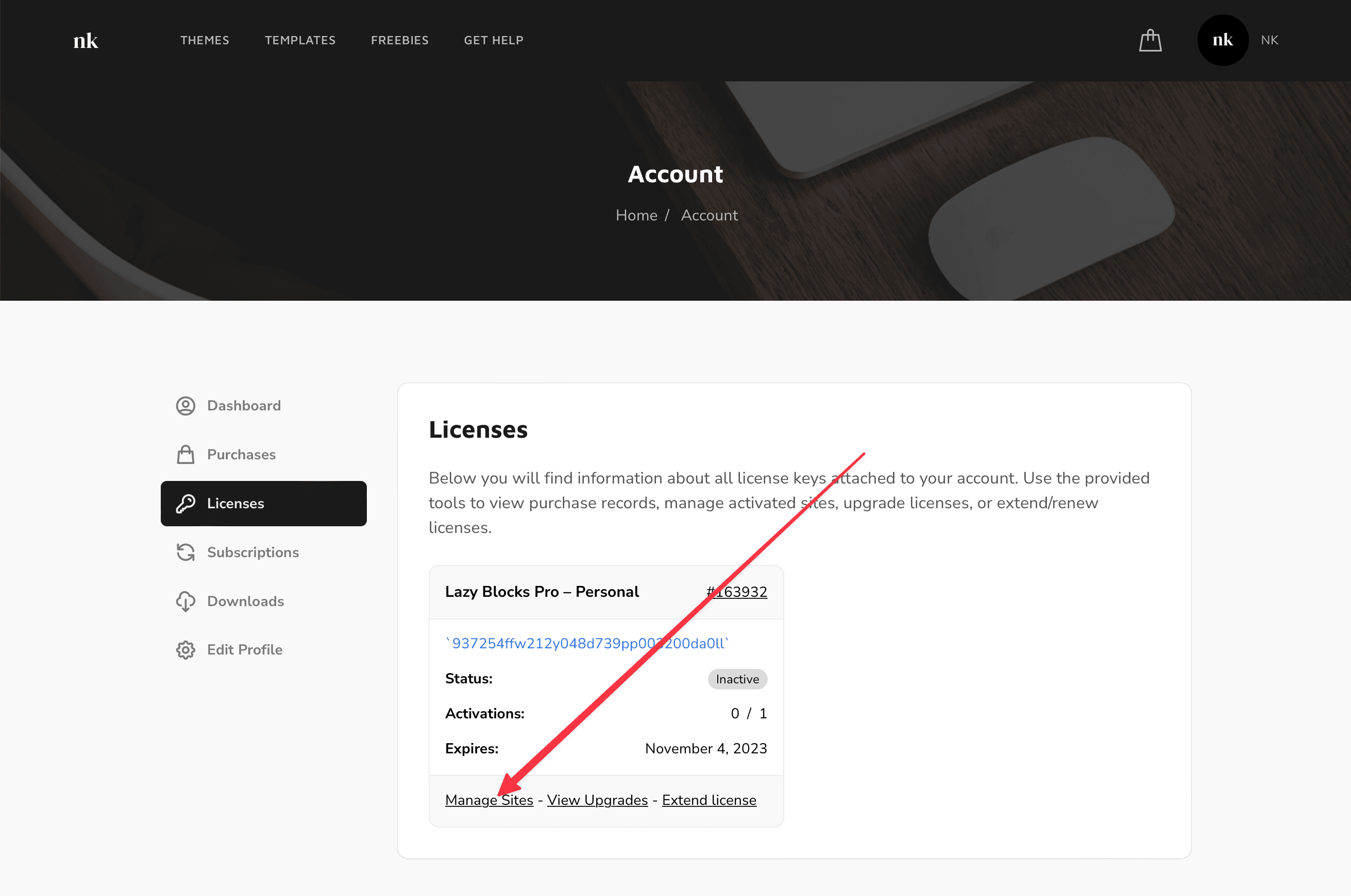 Account License Manage Sites