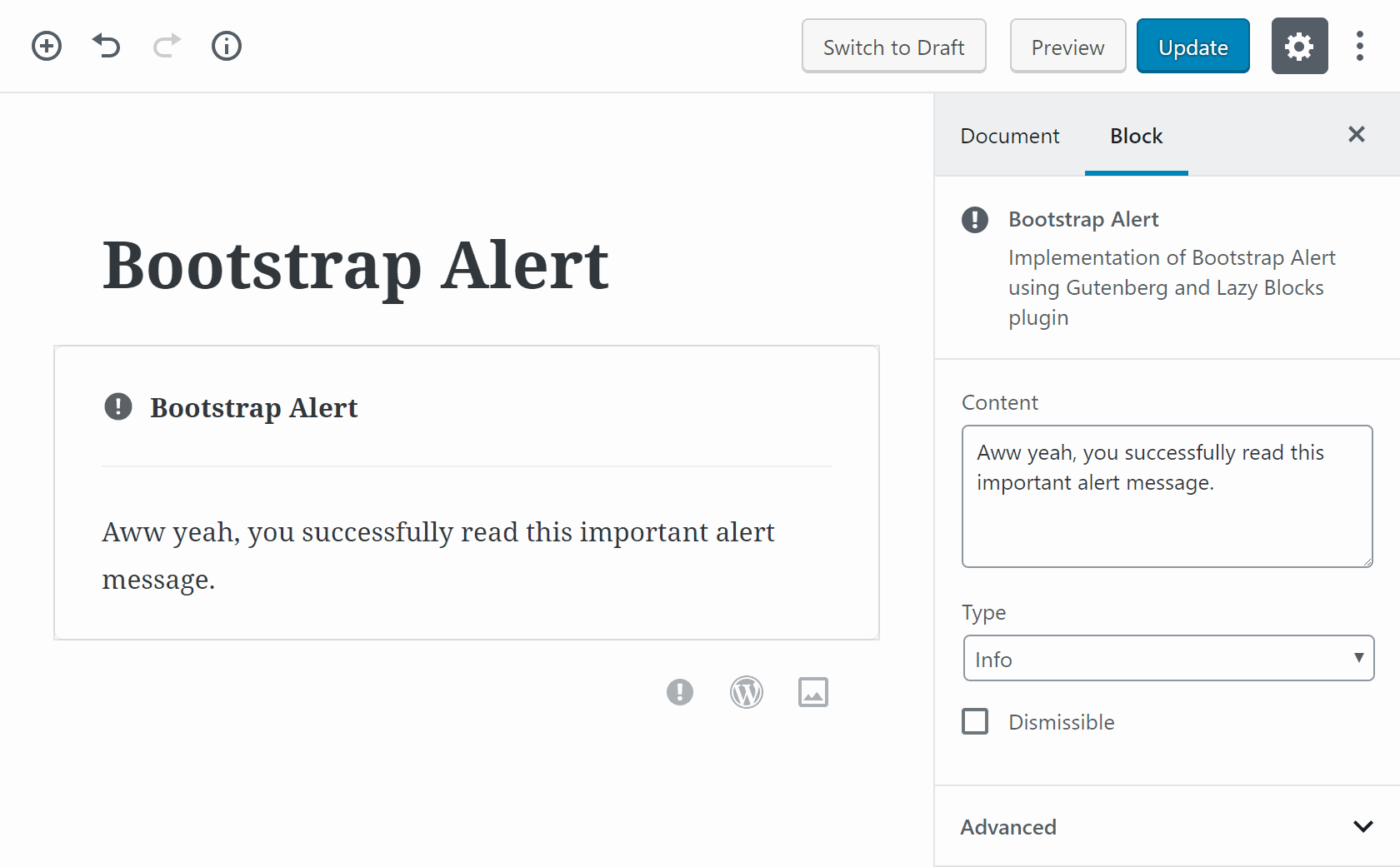 Bootstrap Alert block in WordPress editor
