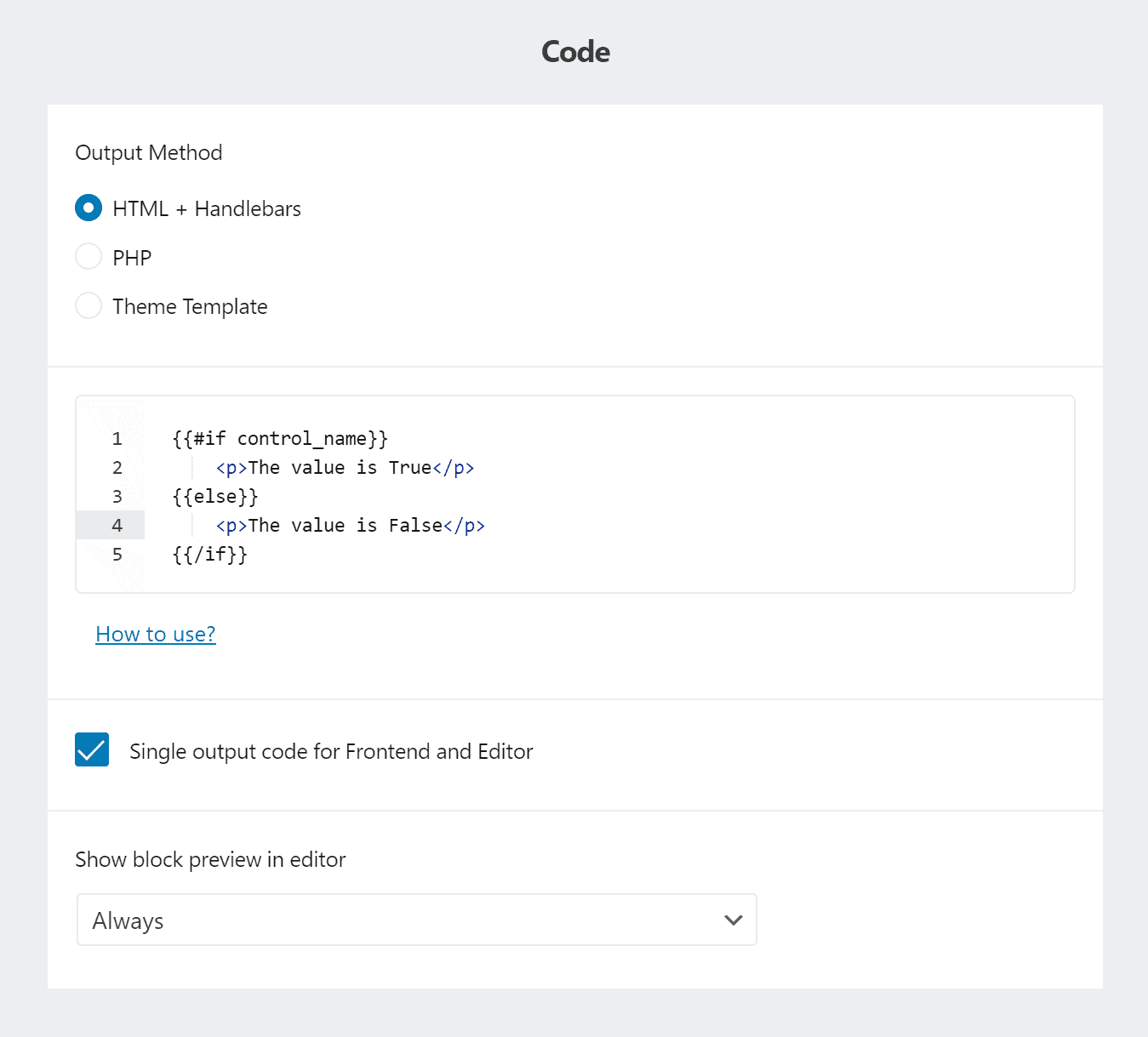 Handlebars code editor in Lazy Blocks