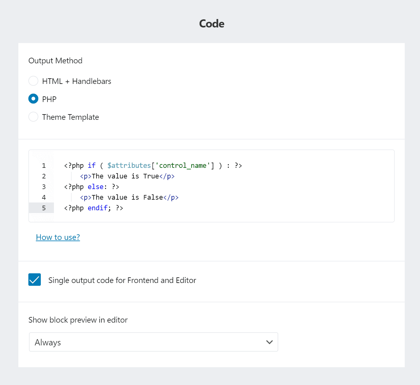 PHP code editor in block builder