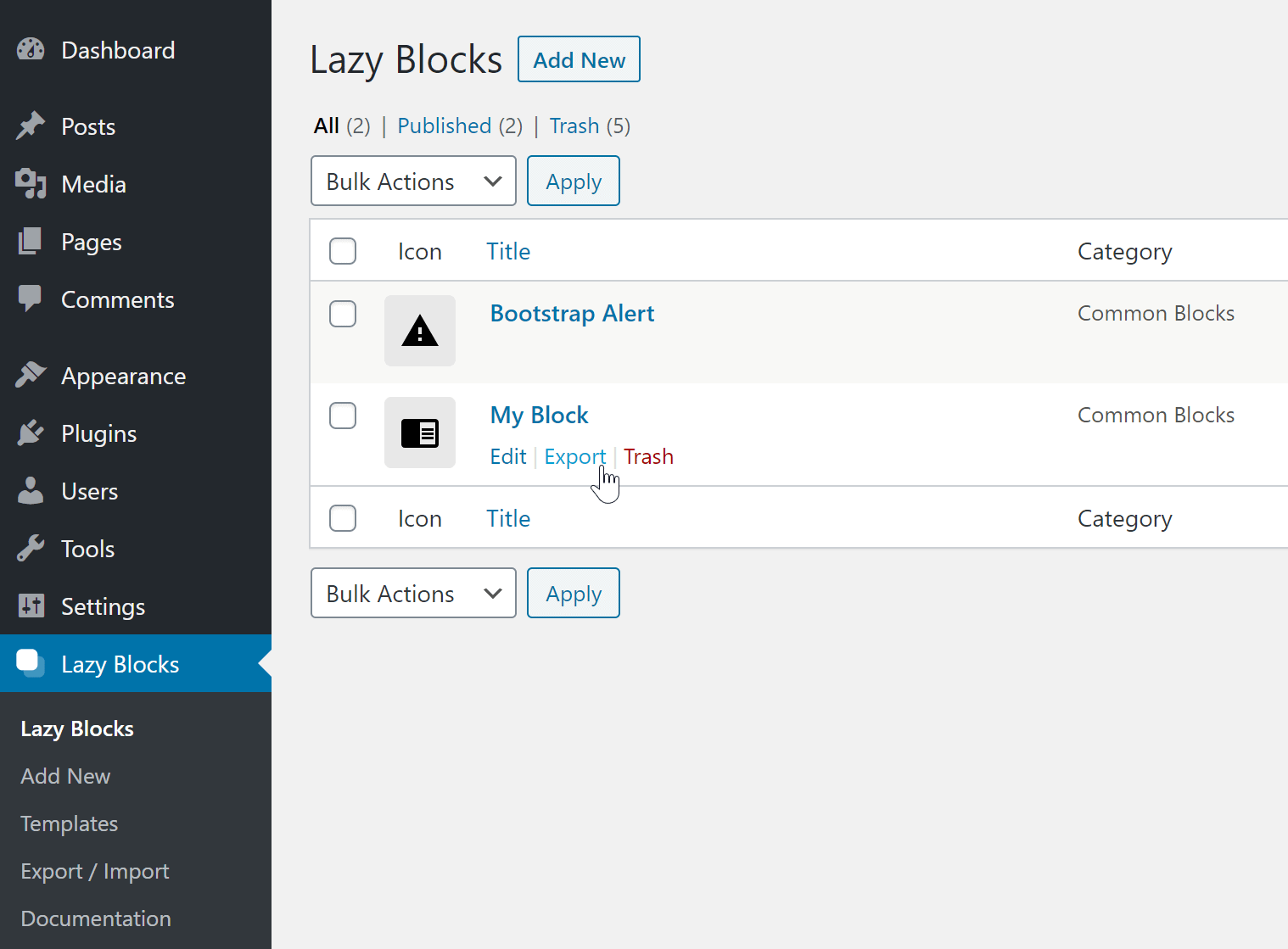 Single block export option