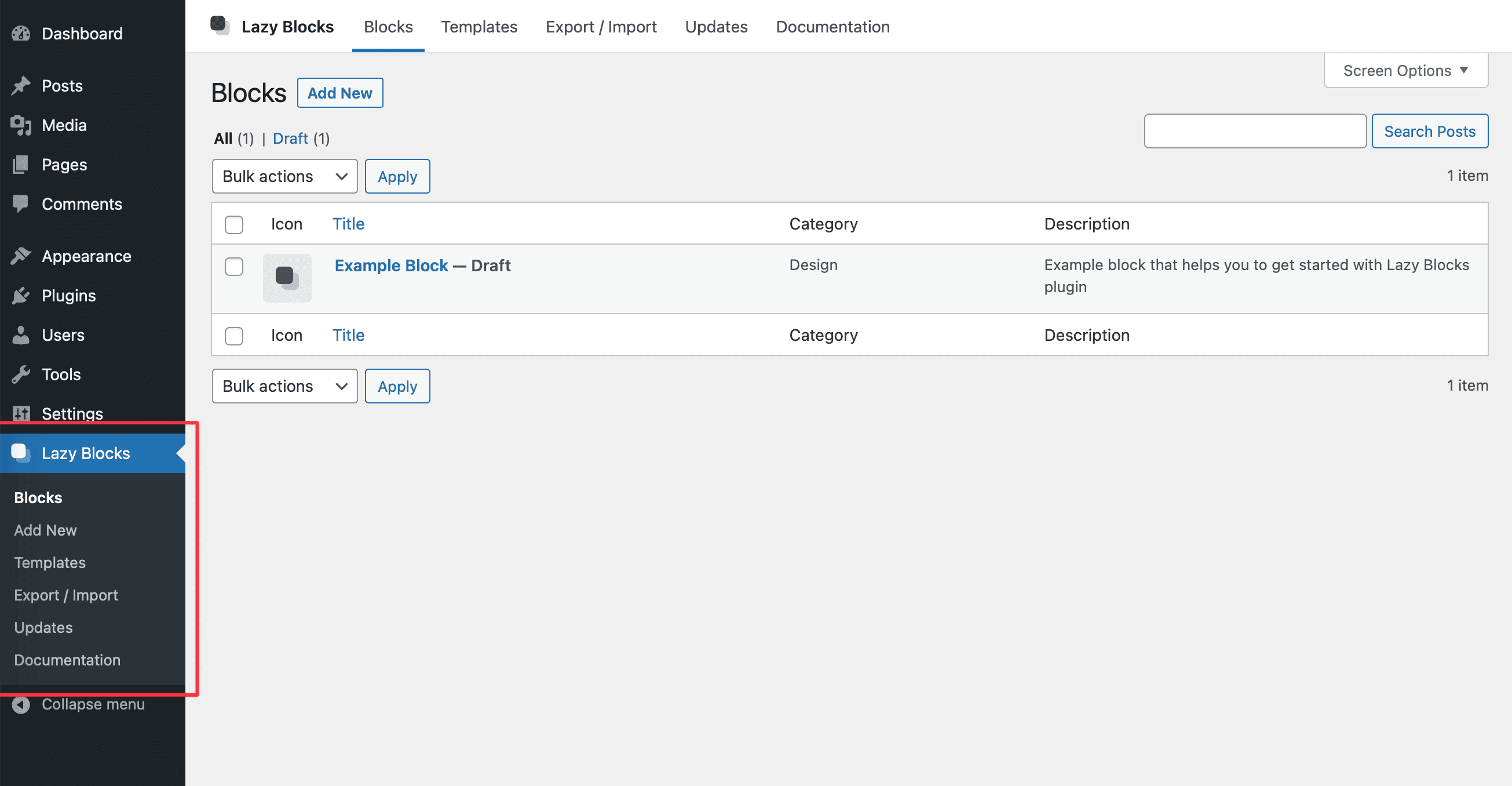 Lazy Blocks menu location in WordPress admin