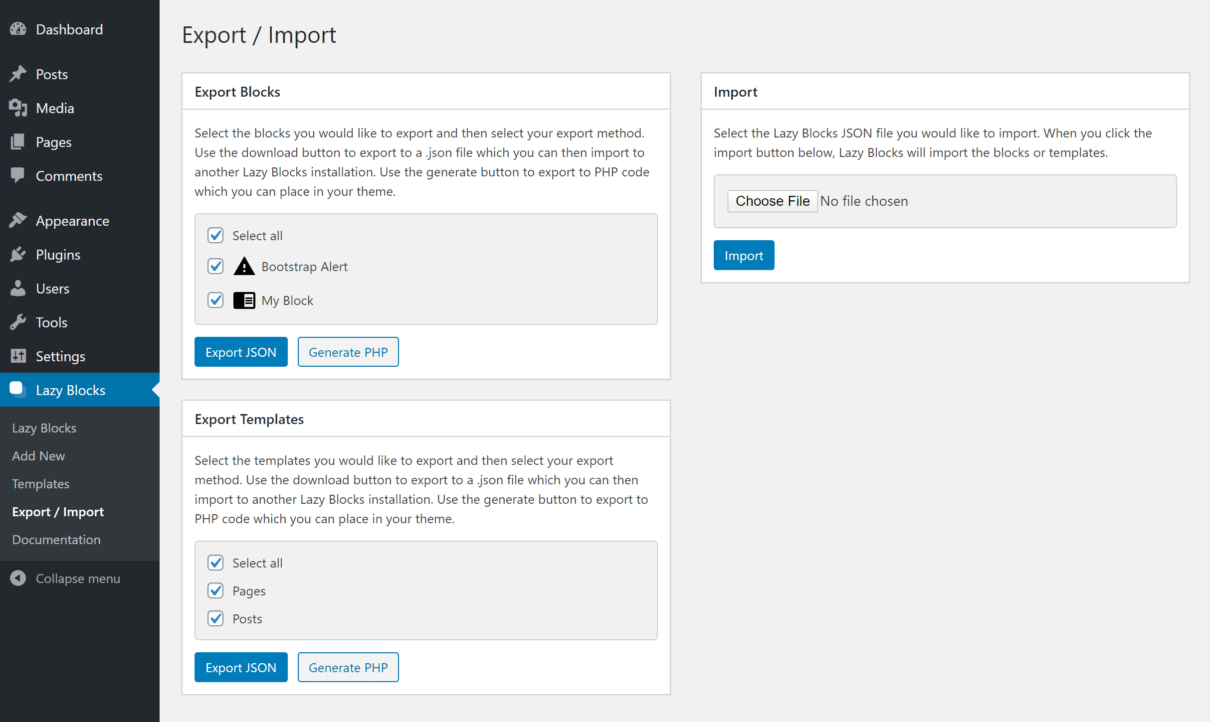 Export options in Lazy Blocks