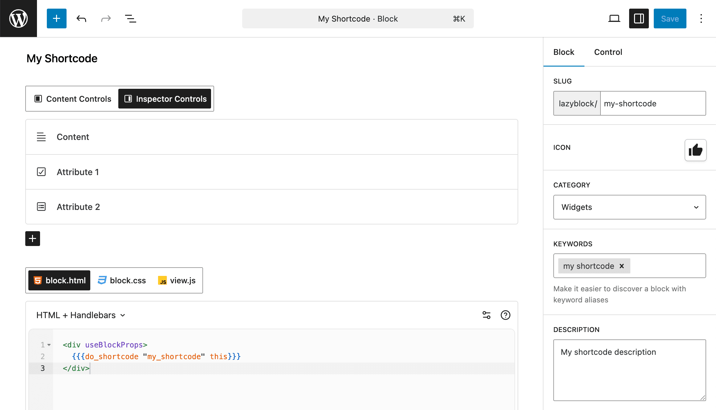 Shortcode Gutenberg example