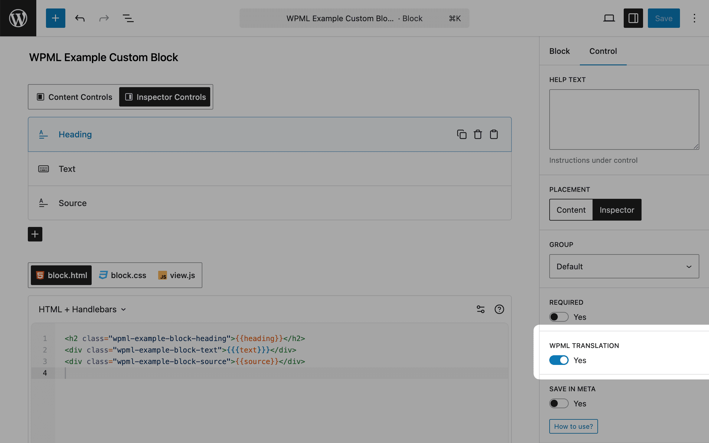 Enabling WPML translation for a control