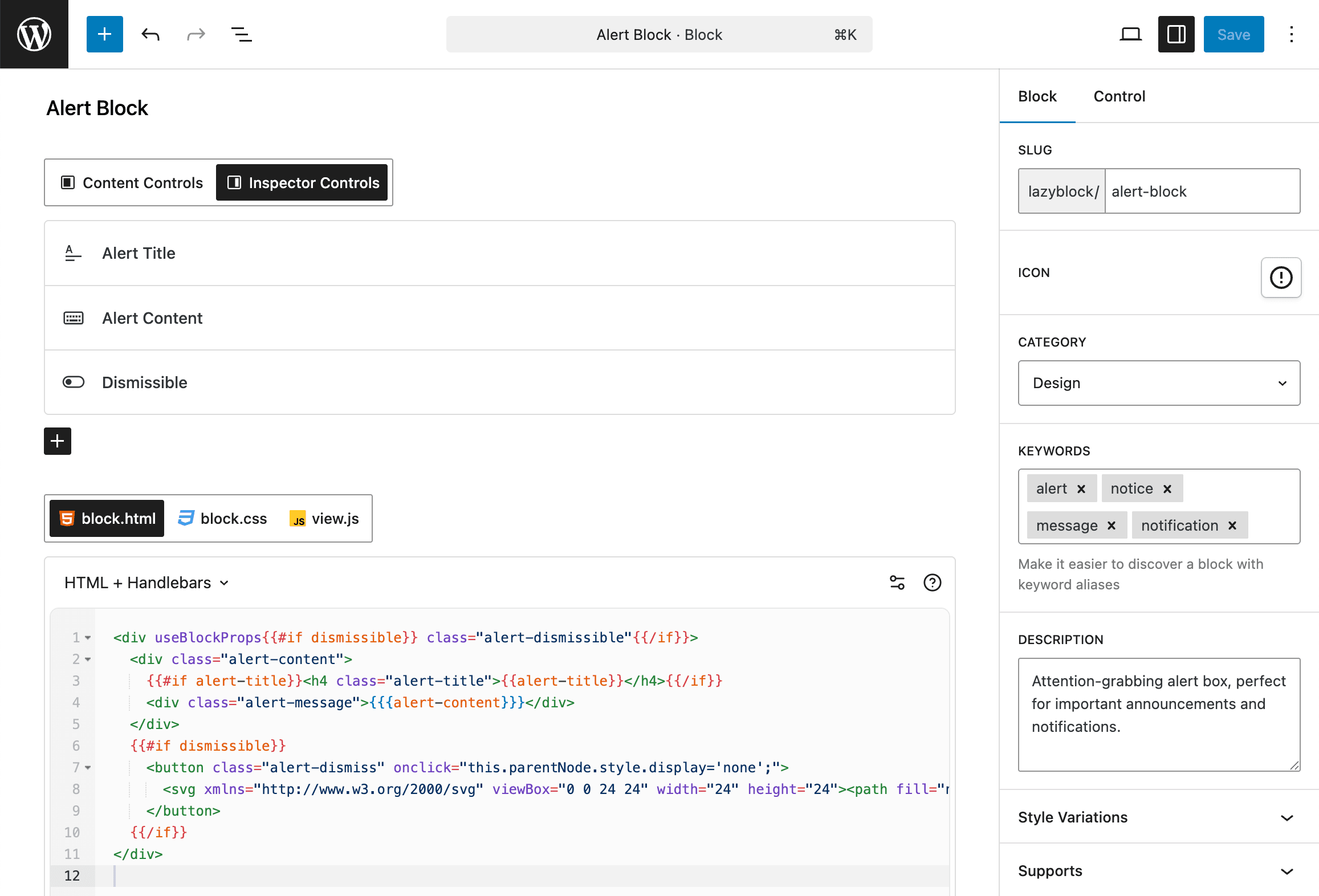 Alert block configuration in Lazy Blocks builder