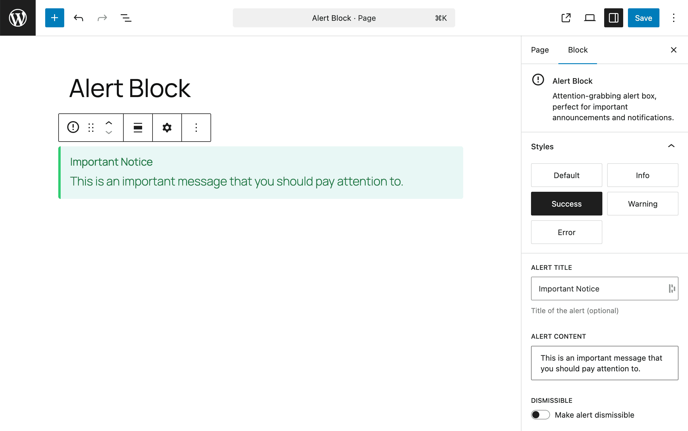 Alert block frontend display