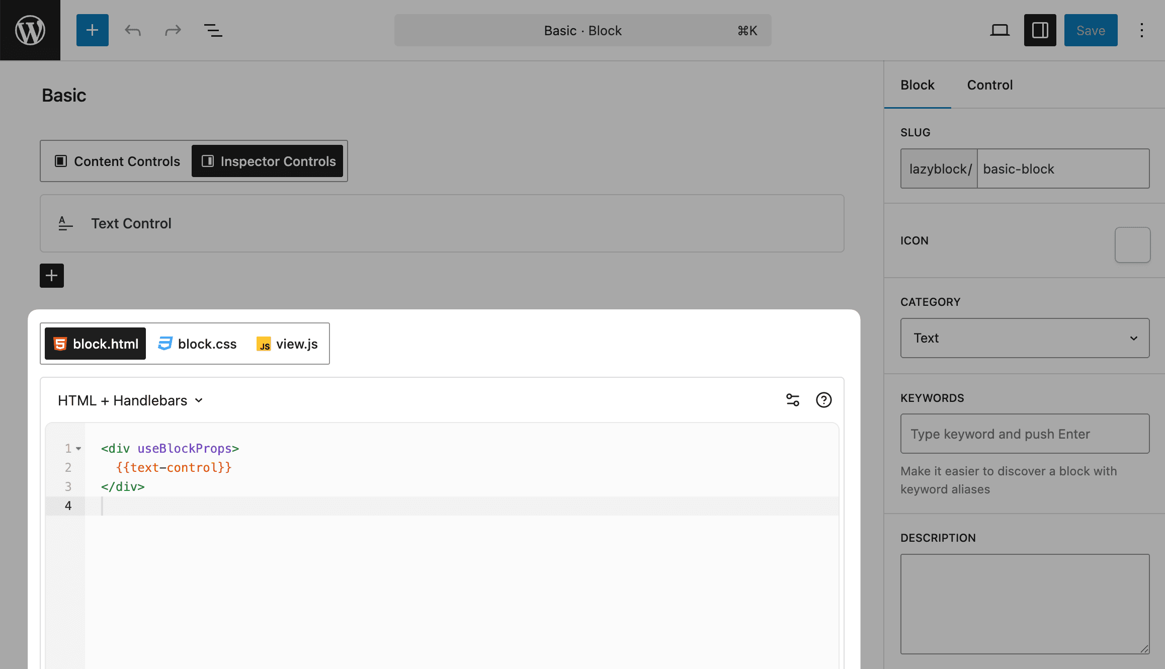 Handlebars code editor in Lazy Blocks