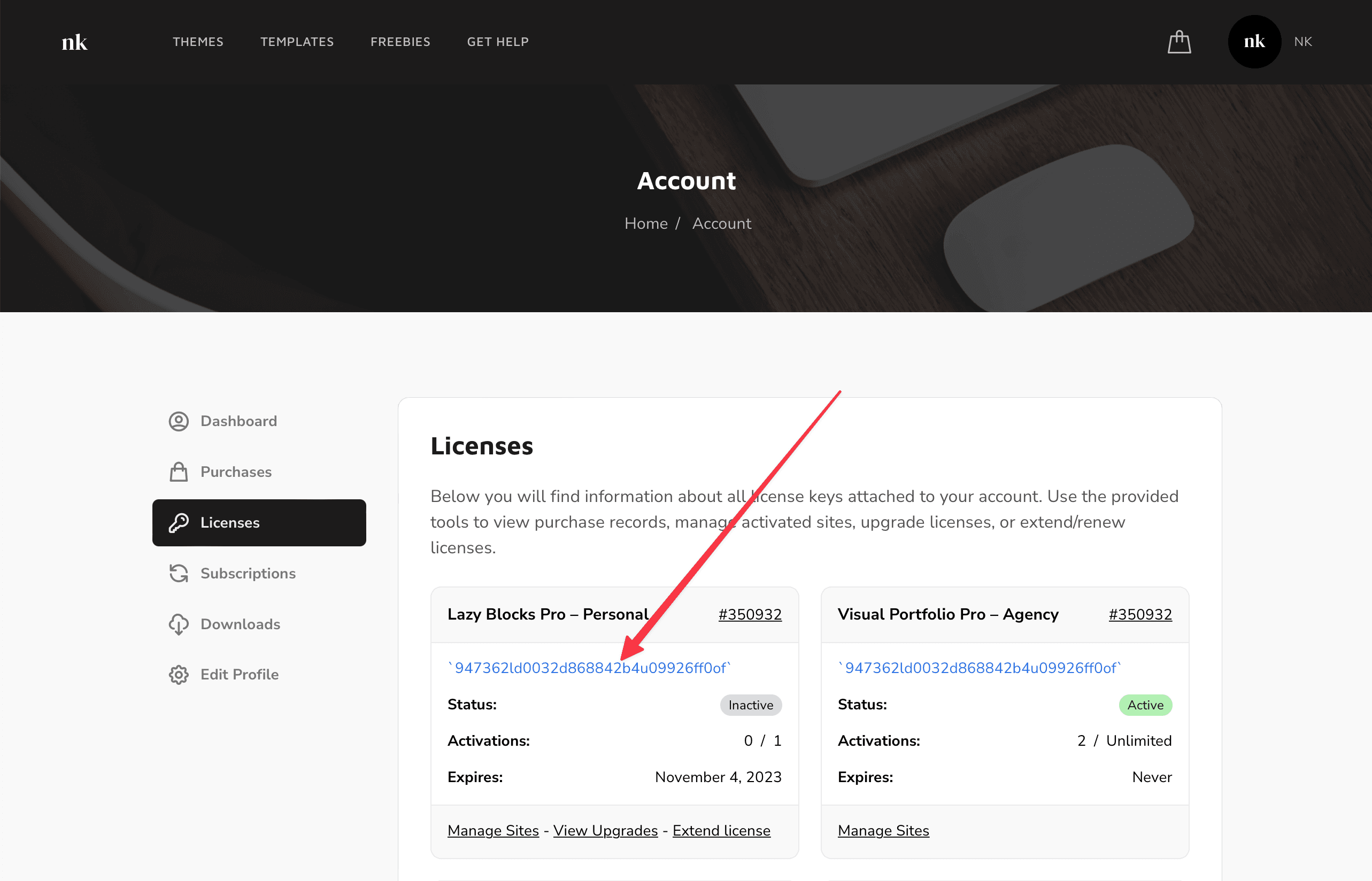 Licenses in the nkdev.info account