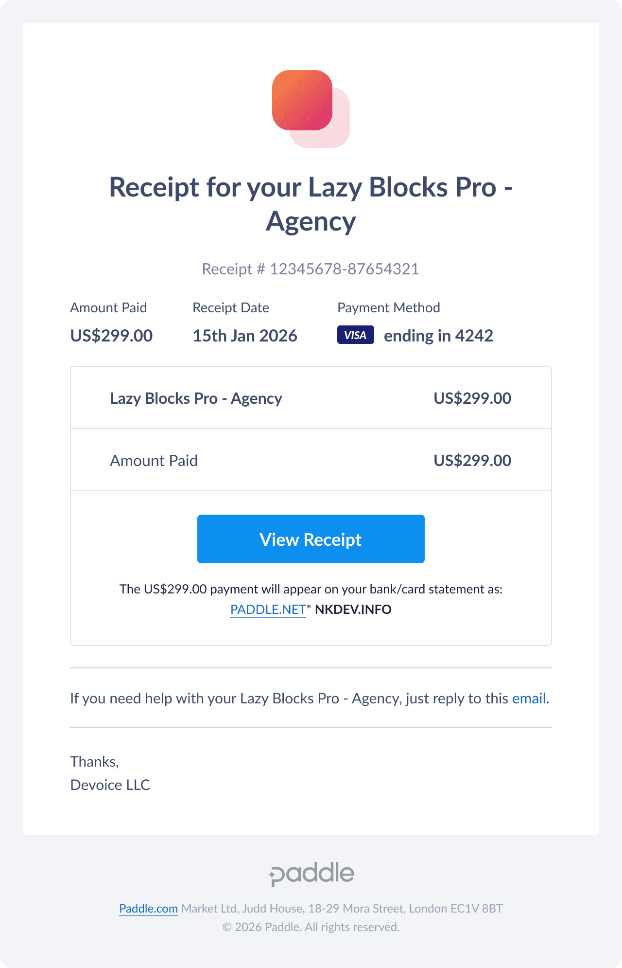 Example of a Paddle receipt for Lazy Blocks Pro